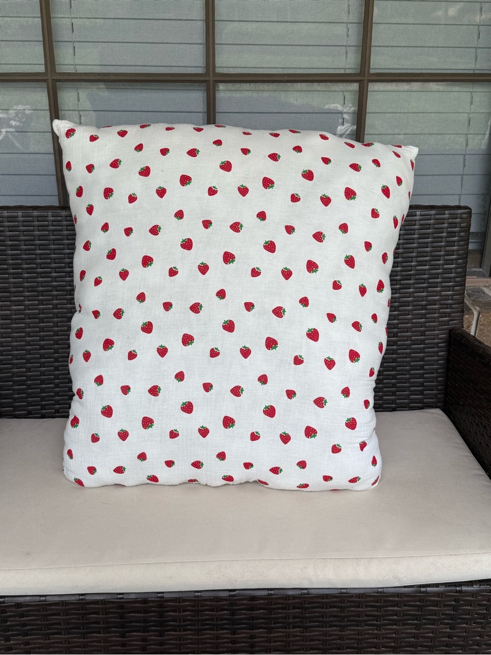 White Throw Pillow with Red Strawberry Print